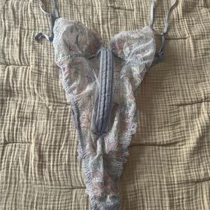 Victoria’s Secret Elegant Lace Bodysuit in Gray and Pink